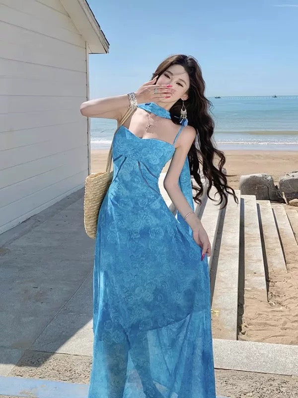 Robe longue d'anniversaire simple à ligne A, avec bretelles spaghetti, en dentelle bleue, pour femmes, idéale pour la plage et les vacances d'été N3151