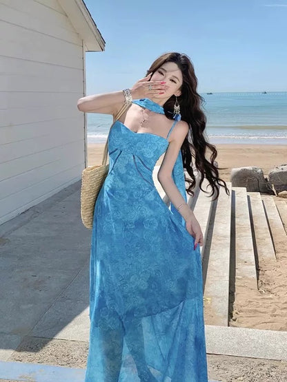 Robe longue d'anniversaire simple à ligne A, avec bretelles spaghetti, en dentelle bleue, pour femmes, idéale pour la plage et les vacances d'été N3151