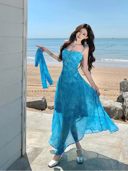 Robe longue d'anniversaire simple à ligne A, avec bretelles spaghetti, en dentelle bleue, pour femmes, idéale pour la plage et les vacances d'été N3151
