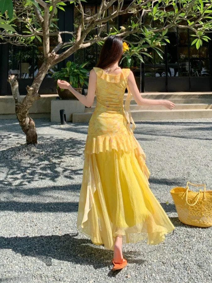 Sirène Modeste Col en V Robes Longues d'Anniversaire en Mousseline de Soie Florale Jaune Idées de Tenues d'Été pour Femmes Plage Vacances N3152