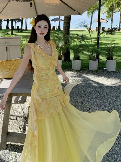 Sirène Modeste Col en V Robes Longues d'Anniversaire en Mousseline de Soie Florale Jaune Idées de Tenues d'Été pour Femmes Plage Vacances N3152