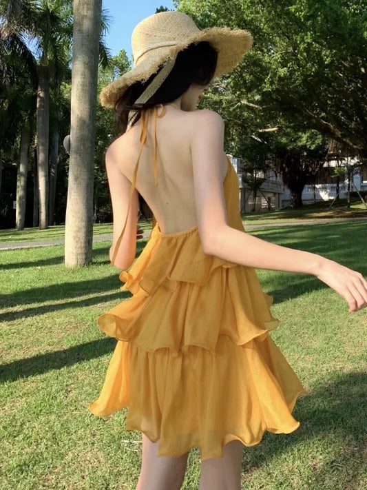 Bescheidene A-Linie Neckholder Gelb Chiffon Ideen Für Damen Kurze Hoco Geburtstagskleider Strandurlaub Sommer Outfits N3153