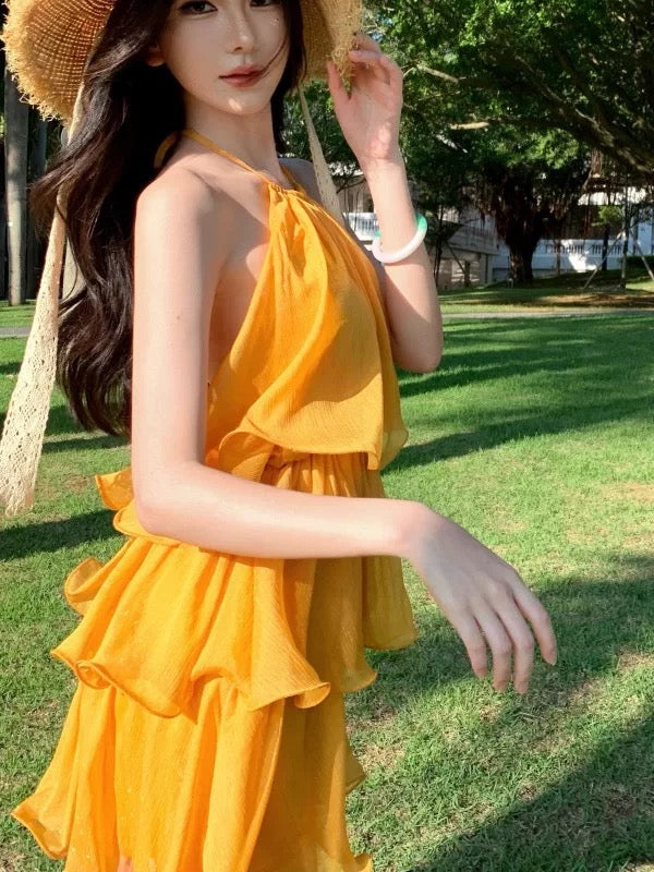 Modeste Ligne A Halter Jaune Mousseline Idées Pour Femmes Courtes Robes Hoco Anniversaire Tenues Vacances Plage Été N3153