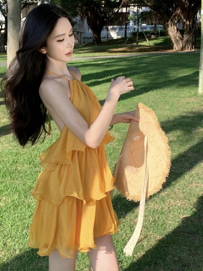 Modeste Ligne A Halter Jaune Mousseline Idées Pour Femmes Courtes Robes Hoco Anniversaire Tenues Vacances Plage Été N3153