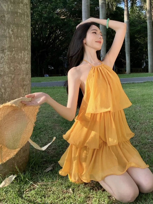 Bescheidene A-Linie Neckholder Gelb Chiffon Ideen Für Damen Kurze Hoco Geburtstagskleider Strandurlaub Sommer Outfits N3153