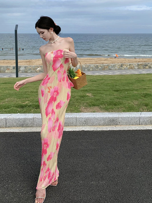 Schlichtes Etui-Kleid, trägerlos, Blumenmuster, Ideen für Damen, lange Geburtstagskleider, Strandurlaub, Sommer-Outfits N3154