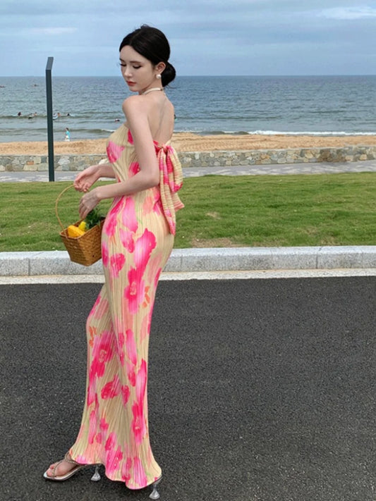 Schlichtes Etui-Kleid, trägerlos, Blumenmuster, Ideen für Damen, lange Geburtstagskleider, Strandurlaub, Sommer-Outfits N3154