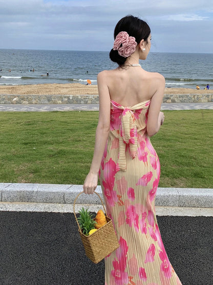 Idées de robes longues bustier fourreau simples à fleurs pour femmes, pour anniversaire, plage, vacances, tenues d'été N3154