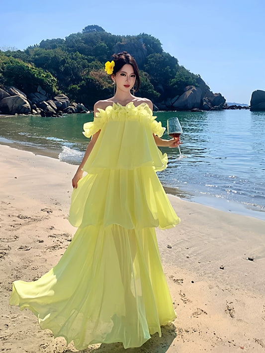 Schlichtes A-Linien-Kleid mit Carmenausschnitt aus gelbem Chiffon – Ideen für Damen – Lange Geburtstagskleider, Strandurlaubs-Sommer-Outfits N3155
