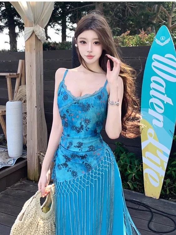 Idées de robes d'anniversaire longues en mousseline bleue à fines bretelles style sirène pour femmes - tenues d'été pour les vacances à la plage N3156