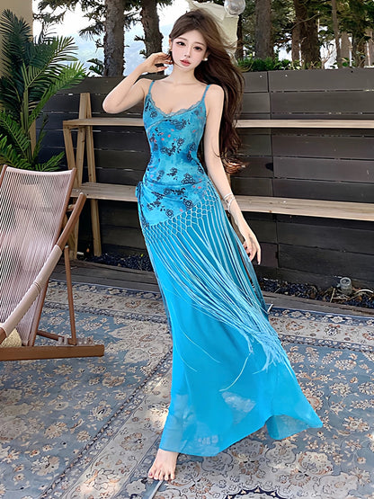 Idées de robes d'anniversaire longues en mousseline bleue à fines bretelles style sirène pour femmes - tenues d'été pour les vacances à la plage N3156