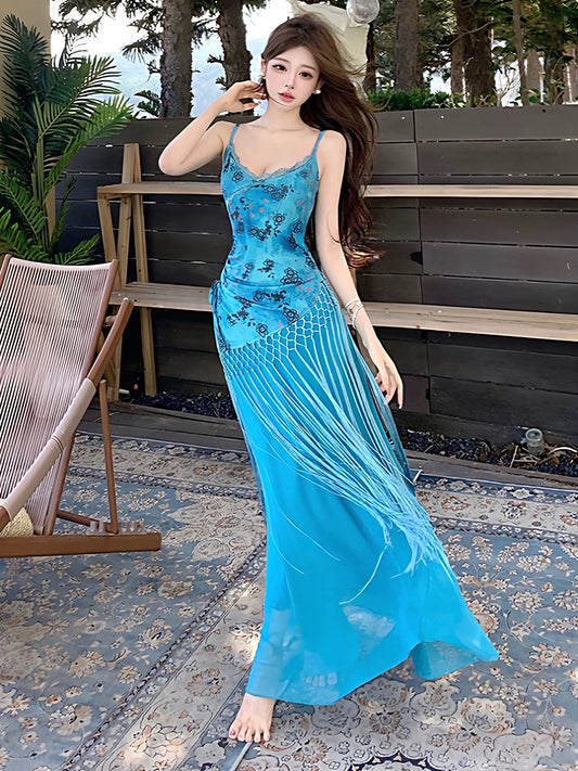 Einfache Meerjungfrau Spaghettiträger Blau Chiffon Ideen für Damen Lange Geburtstagskleider Strandurlaub Sommer Outfits N3156