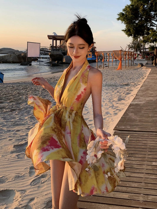 Bescheidene A-Linien-Neckholder Gelb Chiffon Ideen für Frauen Rückenfreie Kurze Geburtstags-Kleider Strandurlaub Sommer Outfits N3157