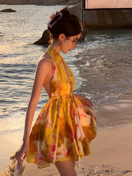 Bescheidene A-Linien-Neckholder Gelb Chiffon Ideen für Frauen Rückenfreie Kurze Geburtstags-Kleider Strandurlaub Sommer Outfits N3157
