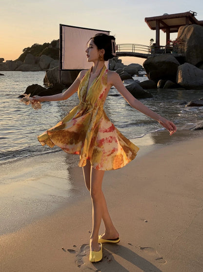 Modeste Robe Courte Trapèze Dos Nu Jaune Chiffon pour Femmes, Idéale pour Anniversaire, Plage, Vacances, Été N3157