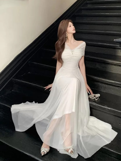 Sexy A line Off The Shoulder White Cruise Ship Formal Night Evening Dresses 18th Birthday Outfit RB5717