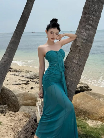 Sexy Mermaid Sweetheart Blue Chiffon Long Date Night 18th Birthday Outfits Formal Prom Dresses RB5719
