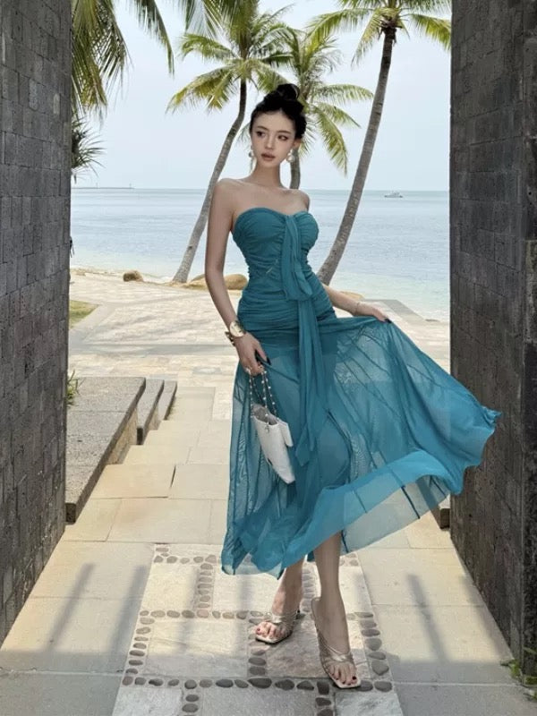 Sexy Mermaid Sweetheart Blue Chiffon Long Date Night 18th Birthday Outfits Formal Prom Dresses RB5719
