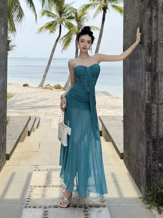 Sexy Mermaid Sweetheart Blue Chiffon Long Date Night 18th Birthday Outfits Formal Prom Dresses RB5719
