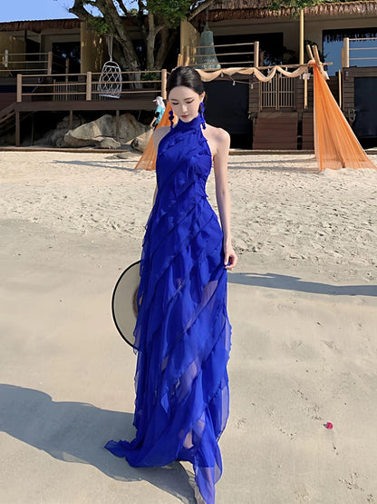 Sexy A line High Neck Royal Blue Chiffon Long Date Night 19th Birthday Outfits Formal Prom Dresses RB5721