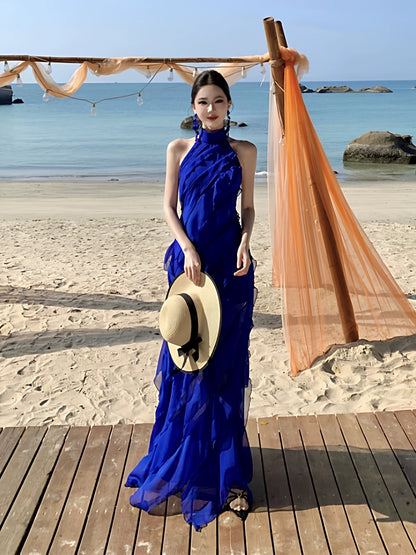 Sexy A line High Neck Royal Blue Chiffon Long Date Night 19th Birthday Outfits Formal Prom Dresses RB5721