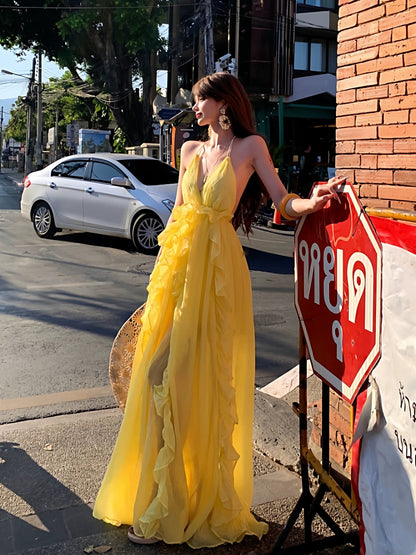 Sexy A line Halter Yellow Backless Chiffon Long Date Night 19th Birthday Outfits Formal Prom Dresses RB5722