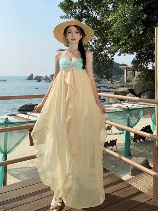 Sexy A line Spaghetti Strap Yellow Chiffon Cruise Ship Formal Night Evening Dresses 18th Birthday Outfit RB5723
