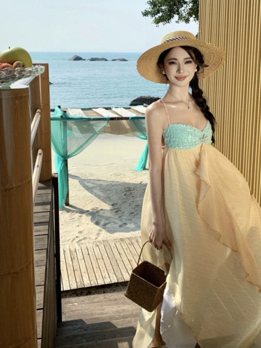 Sexy A line Spaghetti Strap Yellow Chiffon Cruise Ship Formal Night Evening Dresses 18th Birthday Outfit RB5723