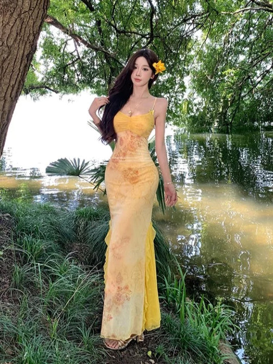 Sexy Mermaid Spaghetti Strap Yellow Floral Chiffon Cruise Ship Formal Night Evening Dresses 18th Birthday Outfit RB5724