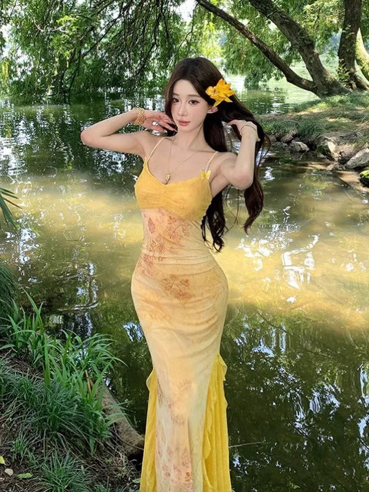 Sexy Mermaid Spaghetti Strap Yellow Floral Chiffon Cruise Ship Formal Night Evening Dresses 18th Birthday Outfit RB5724