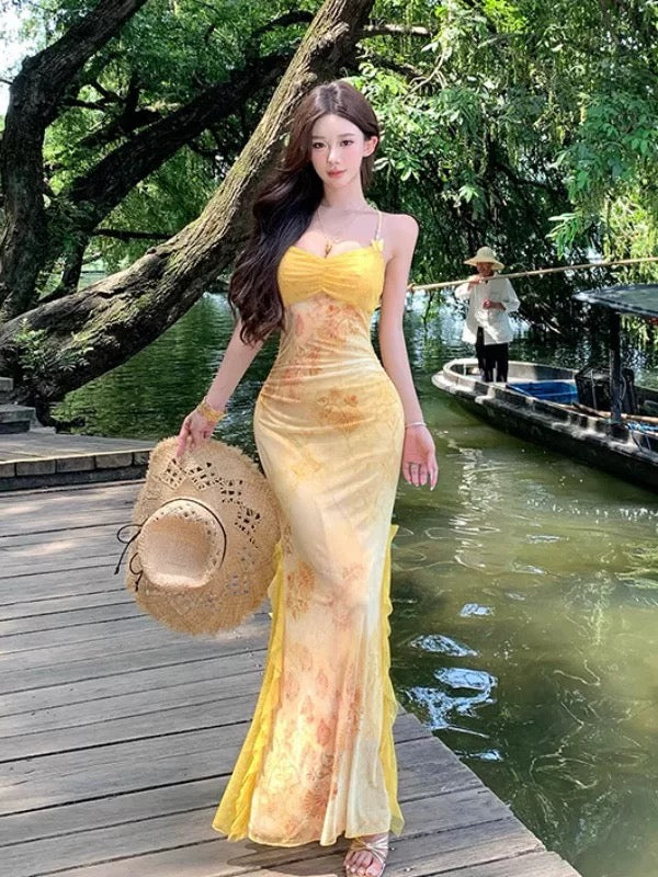 Sexy Mermaid Spaghetti Strap Yellow Floral Chiffon Cruise Ship Formal Night Evening Dresses 18th Birthday Outfit RB5724