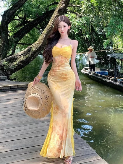 Sexy Mermaid Spaghetti Strap Yellow Floral Chiffon Cruise Ship Formal Night Evening Dresses 18th Birthday Outfit RB5724