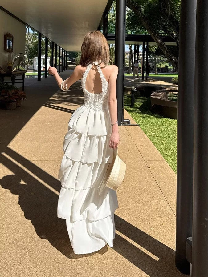 Sexy A line High Neck White Lace Chiffon Long Date Night 19th Birthday Outfits Formal Prom Dresses RB5725