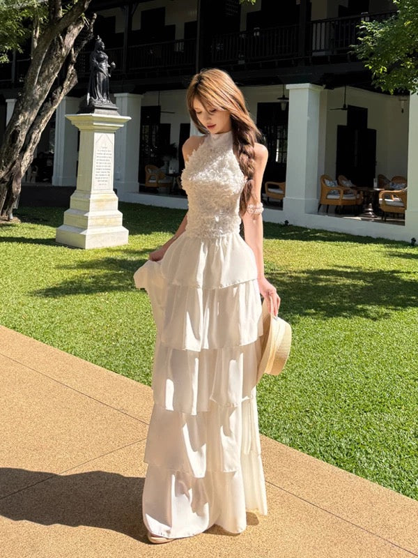 Sexy A line High Neck White Lace Chiffon Long Date Night 19th Birthday Outfits Formal Prom Dresses RB5725