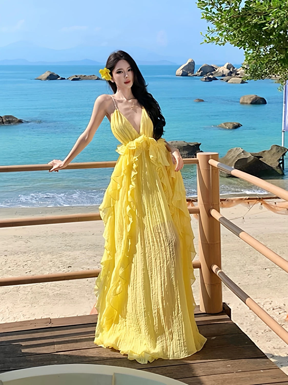 Sexy A line Halter Yellow Backless Chiffon Long Date Night 19th Birthday Outfits Formal Prom Dresses RB5722