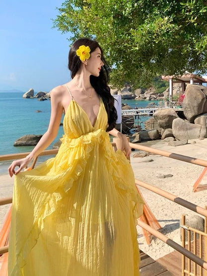 Sexy A line Halter Yellow Backless Chiffon Long Date Night 19th Birthday Outfits Formal Prom Dresses RB5722