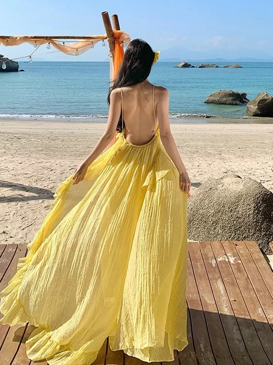 Sexy A line Halter Yellow Backless Chiffon Long Date Night 19th Birthday Outfits Formal Prom Dresses RB5722