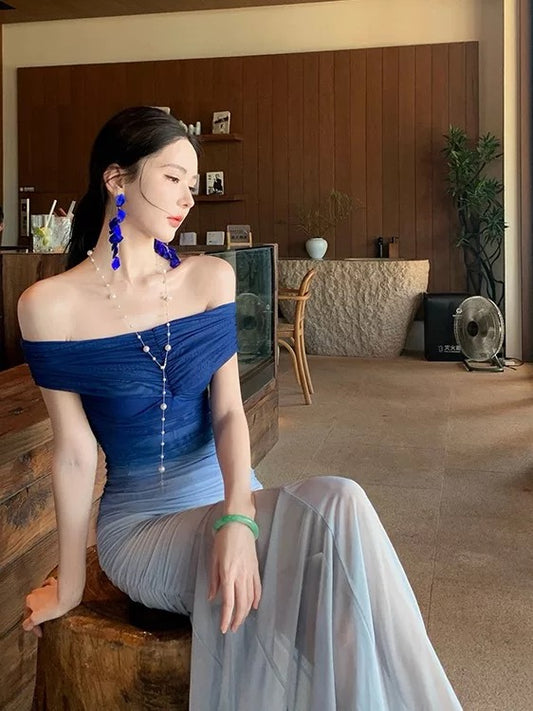 Sexy Mermaid Off The Shoulder Gradient Blue Colors Chiffon Cruise Ship Formal Night Evening Dresses 18th Birthday Outfit RB5727