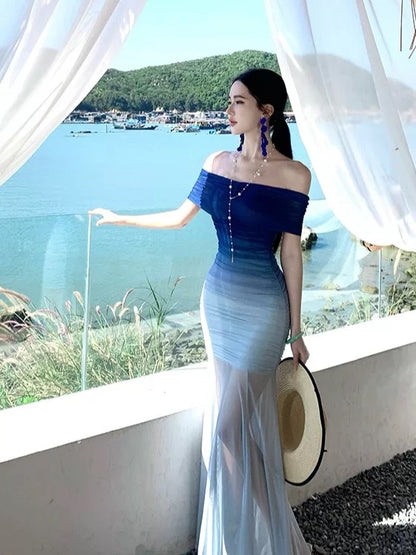 Sexy Mermaid Off The Shoulder Gradient Blue Colors Chiffon Cruise Ship Formal Night Evening Dresses 18th Birthday Outfit RB5727
