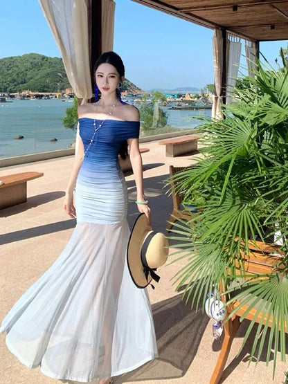 Sexy Mermaid Off The Shoulder Gradient Blue Colors Chiffon Cruise Ship Formal Night Evening Dresses 18th Birthday Outfit RB5727
