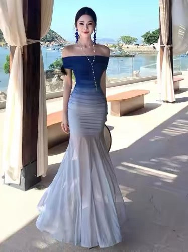 Sexy Mermaid Off The Shoulder Gradient Blue Colors Chiffon Cruise Ship Formal Night Evening Dresses 18th Birthday Outfit RB5727