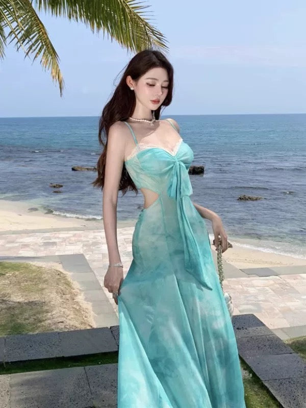 Sexy Mermaid Spaghetti Strap Blue Backless Beach Holiday Outfits Chiffon Long Date Night 19th Birthday Outfit Formal Dresses RB5728