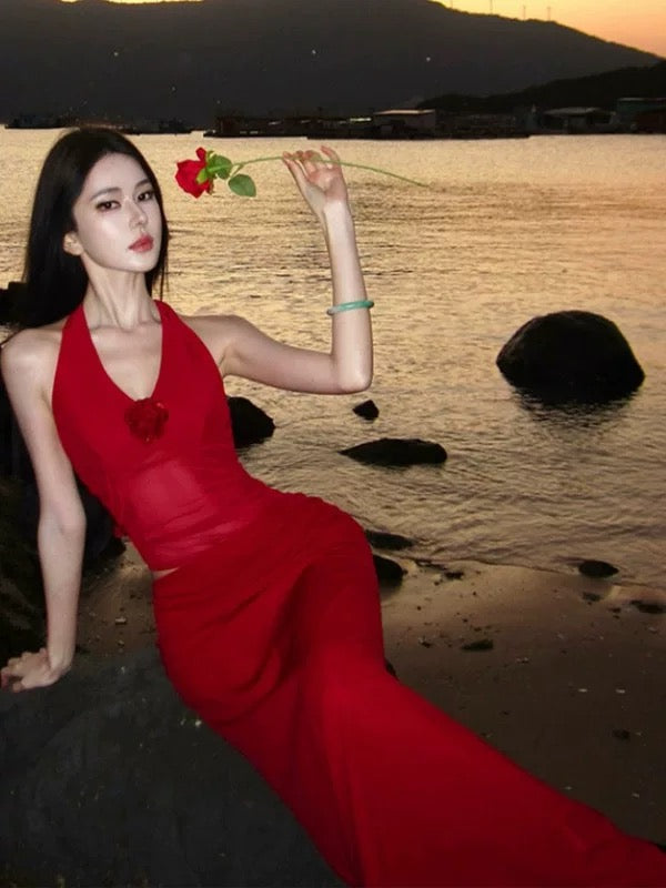 Sexy Mermaid Halter Red Chiffon Beach Holiday Outfits Chiffon Long Date Night 19th Birthday Outfit Formal Dresses RB5729