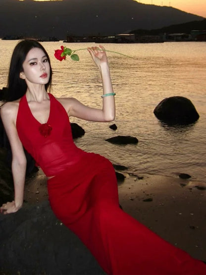 Sexy Mermaid Halter Red Chiffon Beach Holiday Outfits Chiffon Long Date Night 19th Birthday Outfit Formal Dresses RB5729