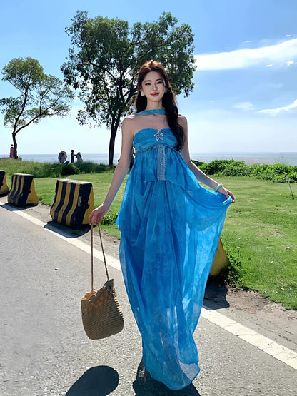 Sexy A line Strapless Blue Backless Chiffon Long Date Night 19th Birthday Outfits Formal Prom Dresses RB5731