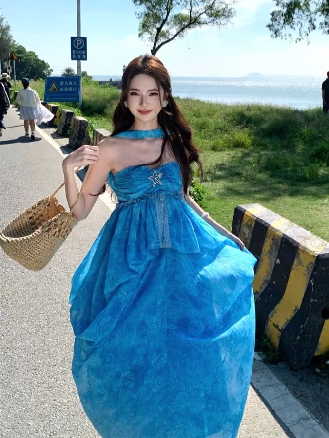 Sexy A line Strapless Blue Backless Chiffon Long Date Night 19th Birthday Outfits Formal Prom Dresses RB5731