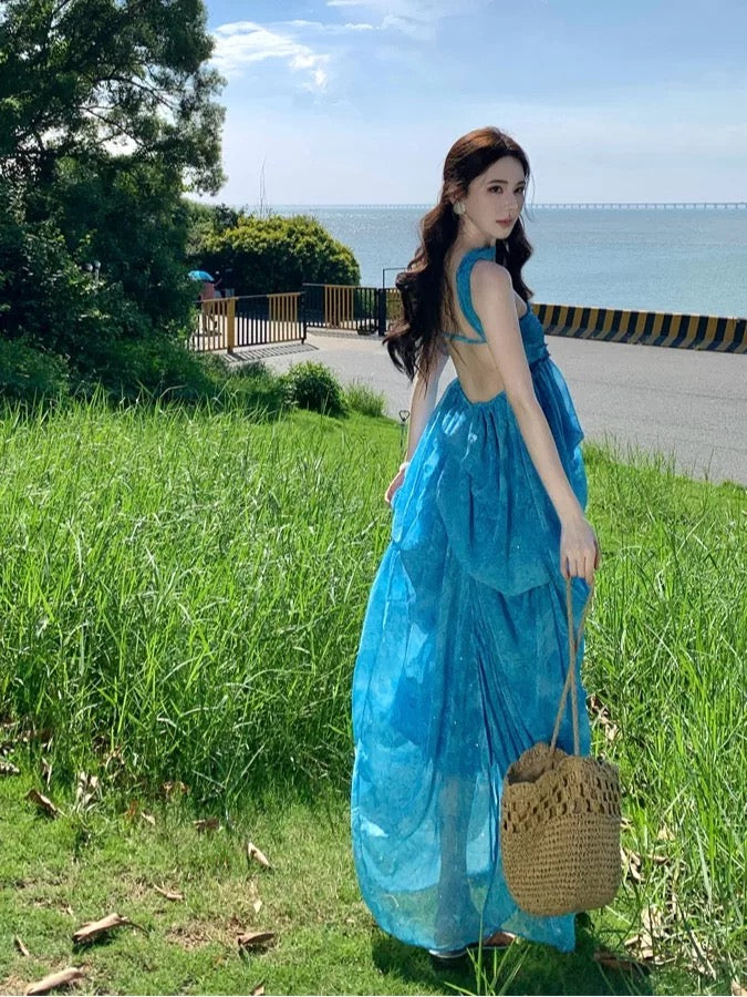 Sexy A line Strapless Blue Backless Chiffon Long Date Night 19th Birthday Outfits Formal Prom Dresses RB5731