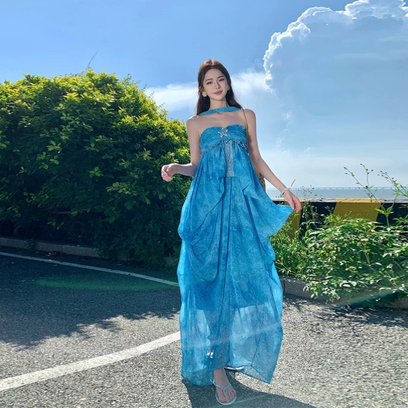 Sexy A line Strapless Blue Backless Chiffon Long Date Night 19th Birthday Outfits Formal Prom Dresses RB5731