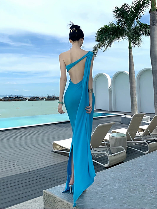 Sexy Mermaid One Shoulder Blue Chiffon Cruise Ship Formal Night Evening Dresses 18th Birthday Outfit RB5732