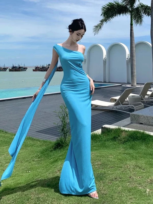 Sexy Mermaid One Shoulder Blue Chiffon Cruise Ship Formal Night Evening Dresses 18th Birthday Outfit RB5732